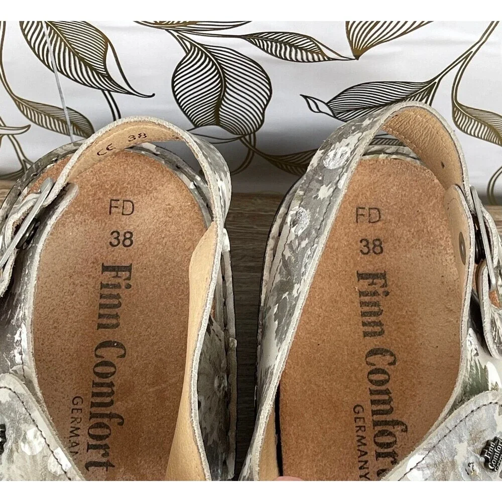 Finn Comfort 38 Silver Floral Leather Sandals | Orthopedic Luxury | Granola Girl